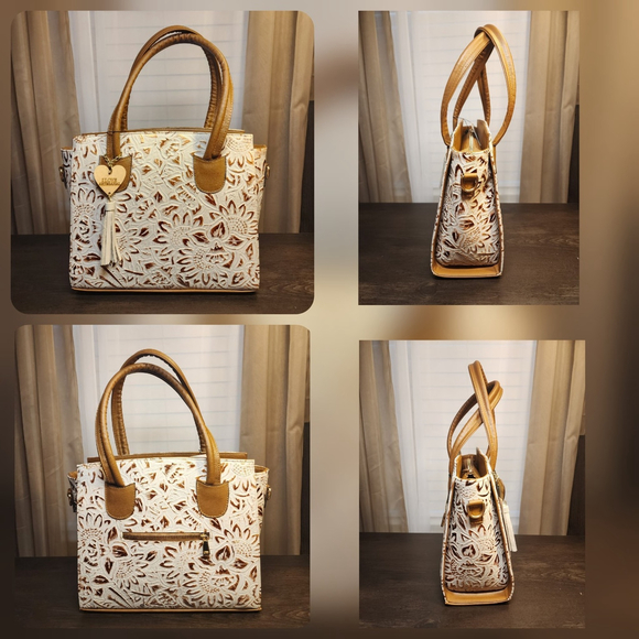 Gold White Sunflower Embossed Tooled Artisan LEATHER Crossbody Handbag Purse - Picture 13 of 15